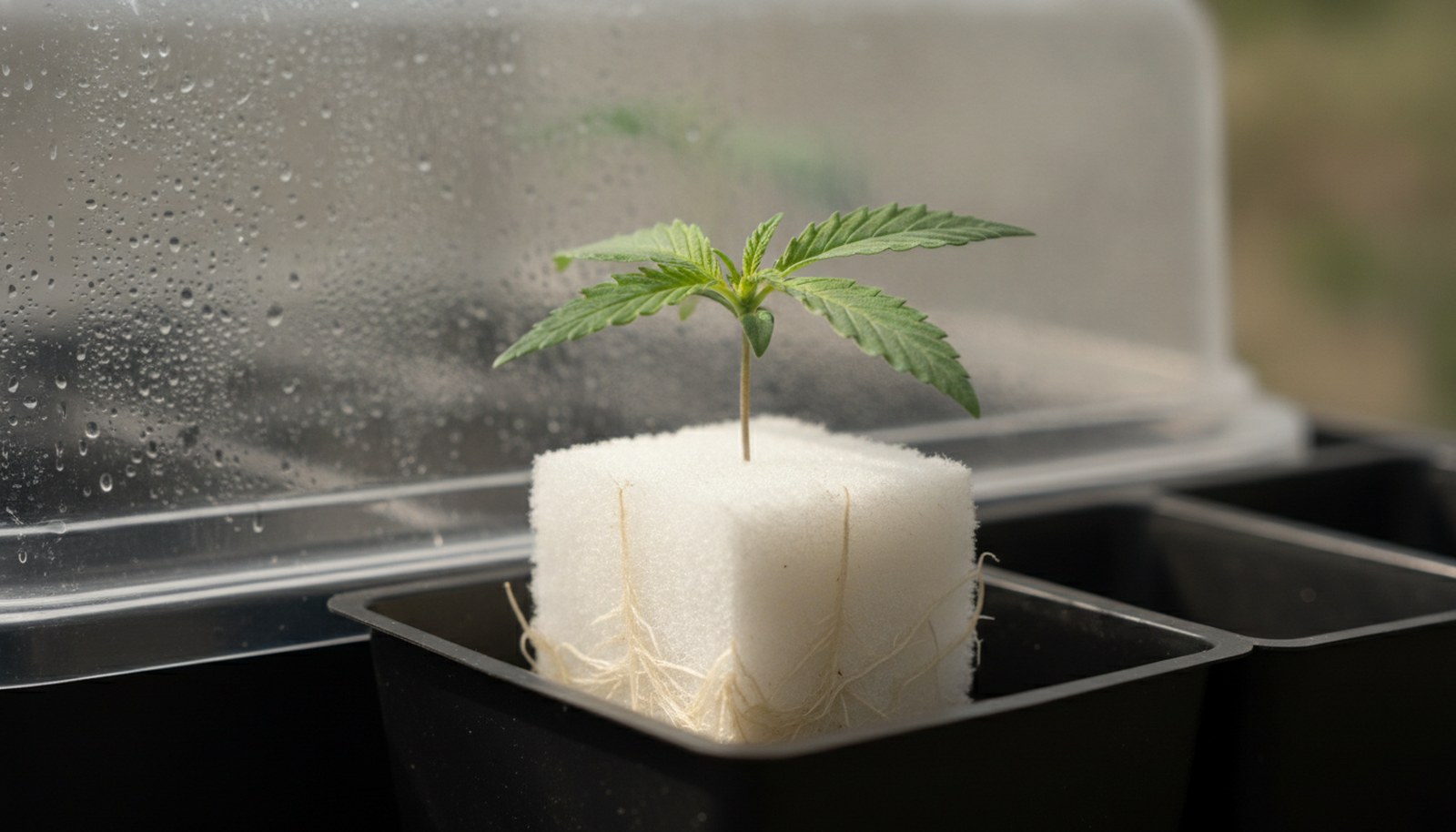 A rooted cannabis clone in a rockwool starter cube inside a propagation tray, white roots emerging from the base.
