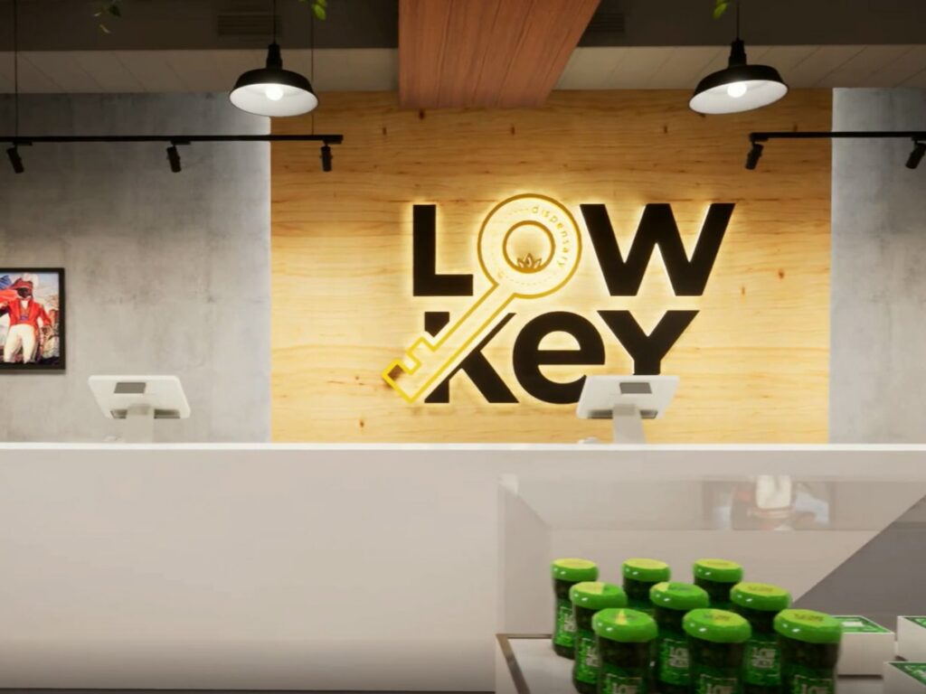 The counter and product display inside Lowkey Dispensary in West Roxbury